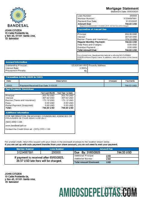 Extrato de hipoteca do Banco Salvador Bandesal em formatos Word e PDF modelo